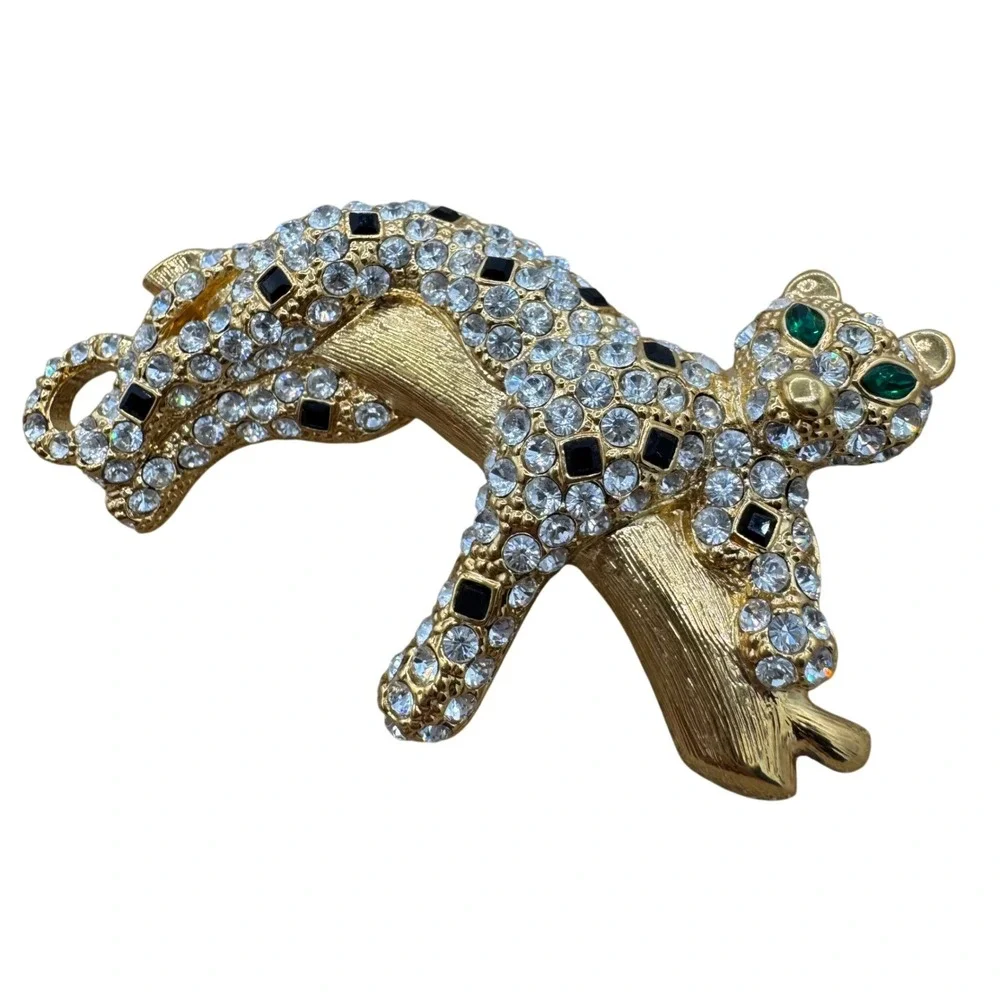 Vintage Rhinestone‎ Leopard Panther Brooch Gold Tone Pave Crystal Big Cat Pin